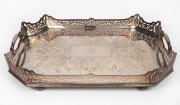A lovely quality antique English silver plated serving tray with Aesthetic Movement engraved decoration, 19th century, ​​​​​​​56cm across the handles.
