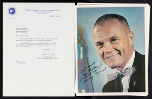NASA SPACE PROGRAM: Seven 25.5 x 19.5cm astronaut portraits (Alan Shepard, John Glenn, Gordon Cooper, and others), all signed but likely all autopen, together with accompanying April 12, 1963 letter from chief of Astronaut Mail Branch on NASA letterhead, 