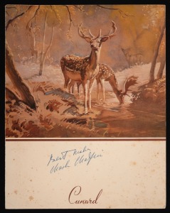CHARLIE CHAPLIN: The September 20th 1952 luncheon menu from aboard the Cunard Line R.M.S. Queen Elizabeth, signed "Best Wishes - Charlie Chaplin" to the front page; dimensions 21 x 26.5cm. Departing New York on September 18th and arriving in Southampto