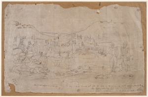 CRIMEAN WAR: An ink-and-graphite sketch on onion skin paper depicting French, British, and Russian troops carrying away their dead under a flag of truce during the Siege of Sevastopol, dated the 24th of March (1855), with copious annotations by the artist