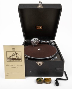 His Master's Voice Model 97 portable gramophone, c. 1935, complete with crank, two tins of gramophone needles, and instruction booklet.