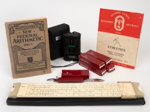VICTORINOX group of five Swiss army pocketknives in original packaging; together with a pair of SCANIA field binoculars, a scientific ruler with booklet and a 1956 Melbourne Olympics official programme, (qty).
