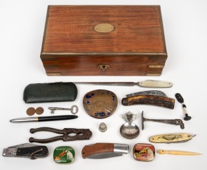 Vintage and antique pocketknives, nutcracker, HMV gramophone needle tins, spectacles, pen etc., (qty).