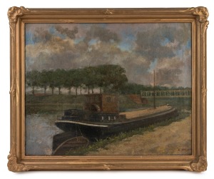 E. SPRUYT (Dutch), (barge and viaduct), oil on board, signed lower right, ​​​​​​​35 x 45cm, 43 x 53cm cm overall.
