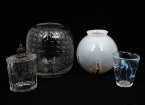 Two art glass vases; together with a MEZZAGA Murano glass light shade and an antique faceted Bohemian crystal lidded jar with engraved decoration and silver handle, (4 items), the largest 19cm high.