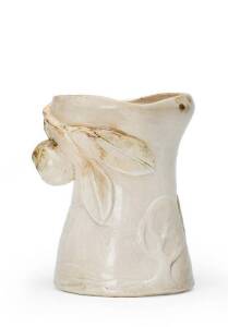 MERRIC BOYD (attributed): Cream & brown pottery vase with applied apple & leaves in landscape. 17.5cm