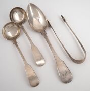 A Georgian sterling silver tablespoon, sugar tongs and two antique sterling silver sauce ladles, early to mid 19th century, (4 items), the largest 21.5cm long, 182 grams total.