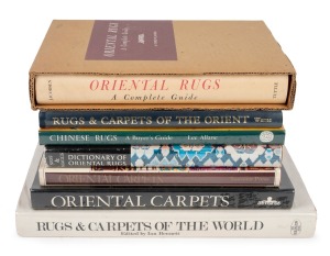 RUGS AND CARPETS: A shelf of books comprising "Oriental Rugs" by Jacobsen, "Oriental Carpets" by Schurmann, "Chinese Rugs" by Allane, "A Dictionary of Oriental Rugs" by Neff and Maggs, "Oriental Carpets" by Curatola, "Rugs and Carpets of the World" by Ben