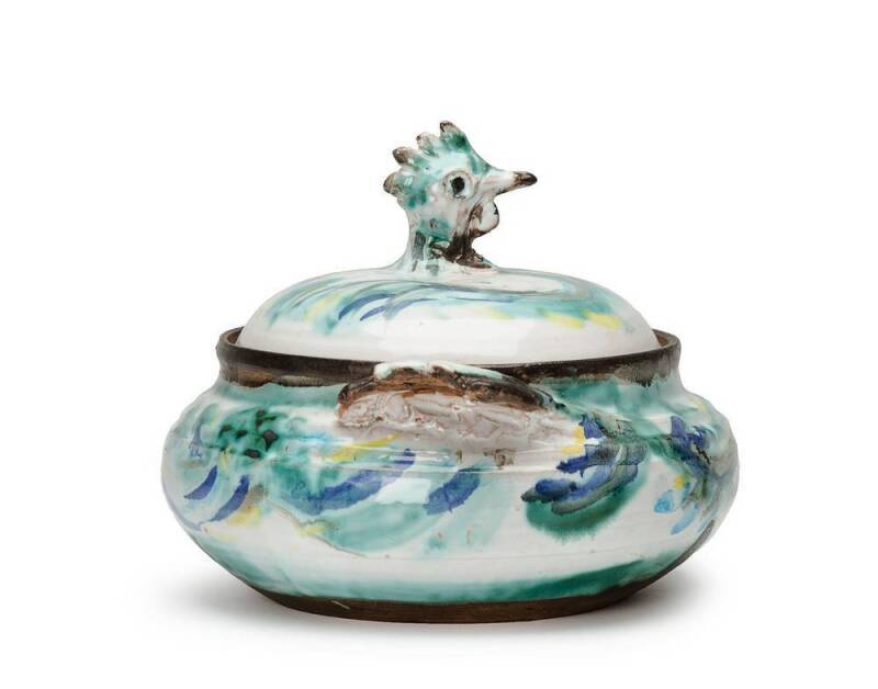 HATTON BECK: Pottery "chicken"  tureen with handpainted blue, green & yellow glaze. Wing handles & Hen head finial. Height 21cm, width 28cm