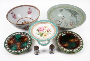WEDGWOOD majolica plates, antique Chinese famille verte wash basin, porcelain bowl, comport and condiments, 19th and 20th century, (11 items), the Chinese wash basin 37cm diameter.