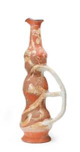 David & Hermia BOYD: Tall art pottery jug in cream & orange glaze on terra cotta. Height 43cm