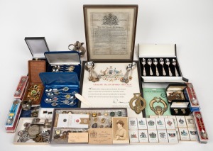 Assorted cufflinks, political documents, silver plated ware, medals, badges, etc, (qty)