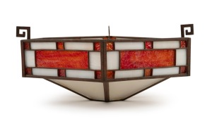 An Arts & Crafts copper foil leadlight hanging shade, early 20th century, 12cm high, 32cm wide.
