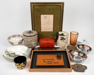 REMAINS OF COLLECTION, faceted glass vase, Italian tray, porcelain bowls, dishes, framed pieces, etc, (qty)
