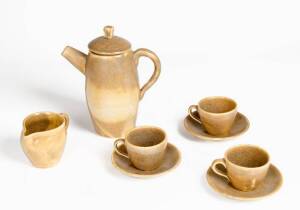 A.M.B. (Arthur Merric Boyd): Pottery tea ware comprising teapot, milk jug & 3 cups & saucers. Pot height &nbsp;22cm, 8 pieces