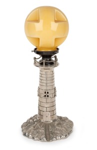 A nickel plated lighthouse table lamp with Art Deco spherical shade, circa 1930s, ​​​​​​​47cm high.