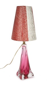 VAL ST. LAMBERT cranberry sommerso glass table lamp with period Barsony shade, mid 20th century, engraved signature to base, 52cm high overall.