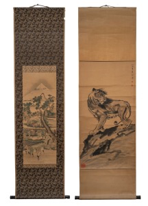 245 · Two vintage hand-painted Chinese and Japanese scrolls, 20th century, ​​​​​​​42cm and 49cm wide.