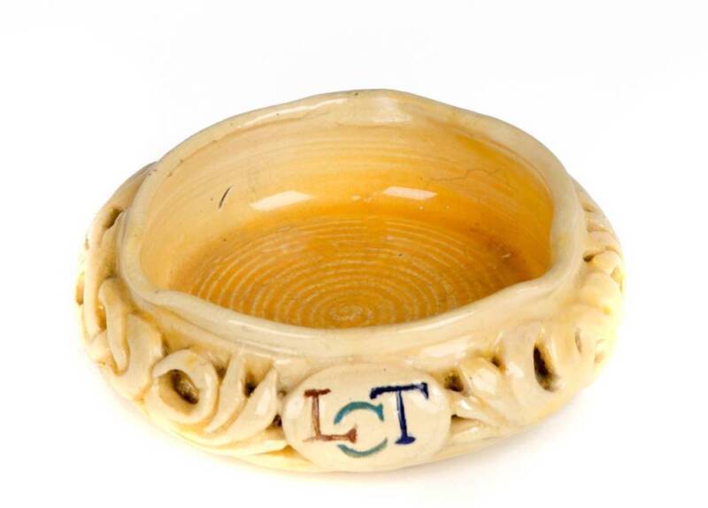 Marguerite Mahood: Pottery dish with applied decoration & "LCT" monogram. Width 11cm