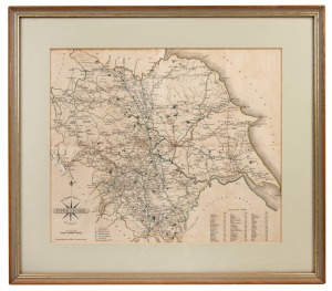 ENGLISH COUNTIES: Group of hand-coloured chromolithograph maps, late 19th century, comprising Oxfordshire, Gloucestershire, Bedfordshire, Sussex, and Yorkshire, plus map of North America; all framed and glazed, the largest 46.5 x 40cm overall. (6 items)
