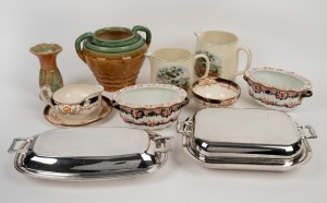 Silver plated vegetable tureens, Australian pottery vases and an assorted lot of English porcelains jugs, bowls etc., 19th/20th century, (11 items), ​​​​​​​the largest 32cm wide.