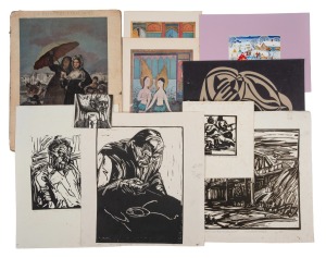 Ten assorted unframed artworks and an art book, including woodcuts by Konrad Kondratovicz, mixed vintages and origins, ​​​​​​​the largest 38 x 32cm overall.