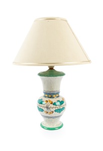 CHARLOTTE RHEAD English porcelain table lamp base with later shade, circa 1930, signed "Burleigh Ware Charlotte Rhead, England" and bearing a Myers retailer's paper label, Note: fittings poorly glued in place, 46cm high overall.