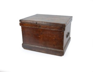An antique pine travelling trunk with remnants of hand-painted destination and ownership details, 19th century, ​​​​​​​36cm high, 51cm wide, 41cm deep.