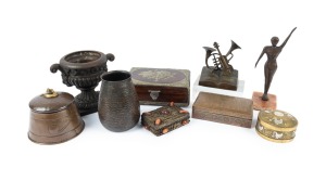 Assorted vintage boxes, cast iron urn, Art Deco statue and sculpture, 20th century, (9 items), the largest 25cm high.