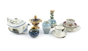 Antique English porcelain tea ware, bat print teapot, bowl, plus two Spanish Majolica vases, and a Danish porcelain vase, (A/F), early to mid 19th century, (13 items), the teapot 13cm high, 27cm wide.
