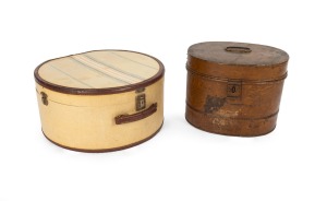An antique metal hat box; together with a vintage canvas covered hat case, 19th and 20th century, (2 items), ​​​​​​​30cm and 48cm high.