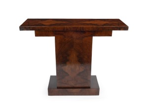 An Art Deco style console table, book match veneered in well-figured walnut, 85cm high, 110cm wide, 40cm deep.