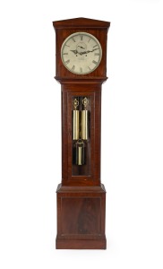 434a · An antique Scottish longcase clock with mahogany regulator style case with glazed trunk door and architectural pediment to the hood, eight day time and bell striking with one piece circular silvered dial with Roman numerals, dial marked "D. FORBES, LEITH", circa 1845, 199cm high, 47cm wide, 24cm deep.