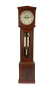 An antique Scottish longcase clock with mahogany regulator style case with glazed trunk door and architectural pediment to the hood, eight day time and bell striking with one piece circular silvered dial with Roman numerals, dial marked "D. FORBES, LEITH
