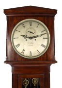 An antique Scottish longcase clock with mahogany regulator style case with glazed trunk door and architectural pediment to the hood, eight day time and bell striking with one piece circular silvered dial with Roman numerals, dial marked "D. FORBES, LEITH - 3