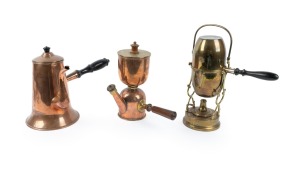 Three antique English and French copper and brass coffee pots including an attractive upside down example, 19th century, ​​​​​​​the largest 32cm high.