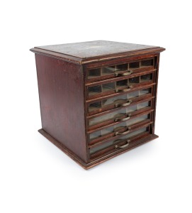 G&Uuml;TTERMANN'S SEWING SILKS haberdashery point of sale counter-top six drawer chest fitted with compartments, 19th century, 39cm high, 38cm wide, 38cm wide.