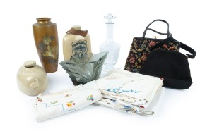Japanese bronze vase, Art Deco glass vase, vintage decanter with engraved decoration, two stoneware bed warmers, two vintage evening purses and a collection of assorted embroidered doilies and lace, (qty).