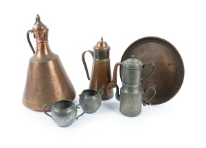 Assorted antique and vintage copper and pewter coffee makers, jugs, bowl and circular tray, 19th and 20th century, (6 items), the largest 41cm high.