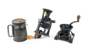 Two antique cast iron coffee grinders; together with an antique tin coffee pot with pannikin insert top, 19th and 20th century, (3 items), the largest 32cm high.