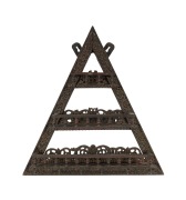 An antique Burmese carved timber wall shelf of triangular form, 19th/20th century, 63cm high, 62cm wide, 14cm deep.