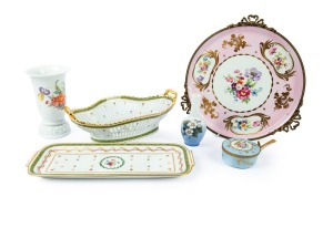 LIMOGES French pink porcelain serving tray with gilt metal mounts; together with two LIMOGES French porcelain serving dishes, LIMOGES lidded box, ROSENTHAL vase and a ROYAL COPENHAGEN Danish porcelain bramble vase, 20th century, (6 items), the tray 34cm w