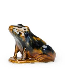 Huntley Pottery frog ornament. 20th century rare colourway in mottled blue & brown glaze. Height 12.5cm, length 16cm