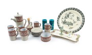 Two Royal Doulton sandwich plates, an antique English House of Parliament tazza, a pair of BITOSSI blue pottery vases, a pair of vintage blue and green pottery vases and a pair of slip cast royalty miniature statuettes, 19th and 20th century, (22 items), 