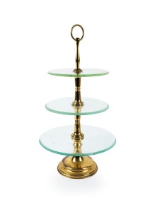 A vintage three tier brass and glass cake stand, 20th century, ​​​​​​​57cm high.