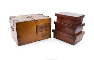 An antique Korean workbox, together with a graduated set of three Chinese lidded boxes, 19th/20th century, (4 items), ​​​​​​​the largest 27cm high, 42cm wide, 32cm deep.