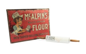 McALPINE'S FLOUR tin lithograph advertising sign; together with an advertising porcelain rolling pin, early 20th century, (2 items), the sign 35 x 48cm.