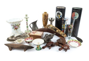 Sterling silver hand mirror (damaged), silver plated King's pattern cutlery, German beer glasses in original boxes, cast iron finial, tribal artefacts, English porcelain, etc, (qty)