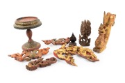 Assorted Burmese carved wood and gilt finished ornaments, statues etc., 20th century, (8 items), the largest 29cm high.