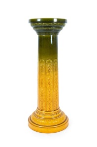 CHRISTOPHER DRESSER impressive antique English Arts & Crafts pottery pedestal with green and yellow Majolica glaze and sunflower floral decoration, made at Ault Potteries Derbyshire, circa 1895, impressed "ENGLAND". Illustrated page 84 in "Christopher Dresser, The People's Designer, 1834-1901" by Harry Lyons, Published Antique Collector's Club, 2005. 99cm high